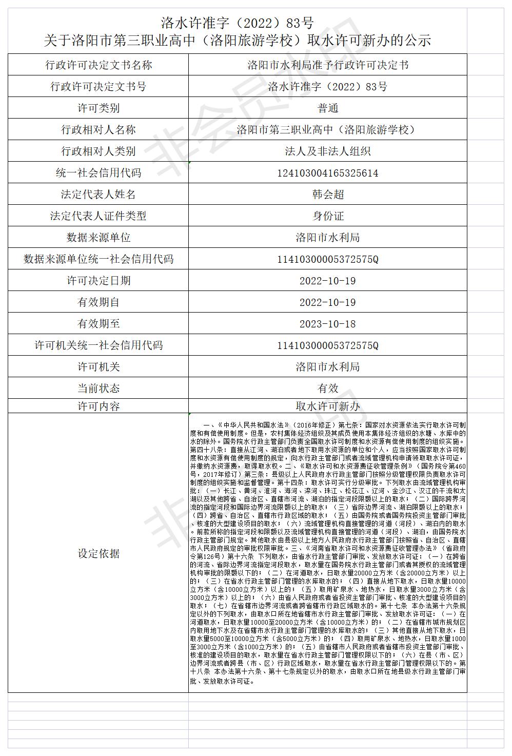 洛水许准字（2022）83号 关于洛阳市第三职业高中（洛阳旅游学校）取水许可新办的公示(图1)