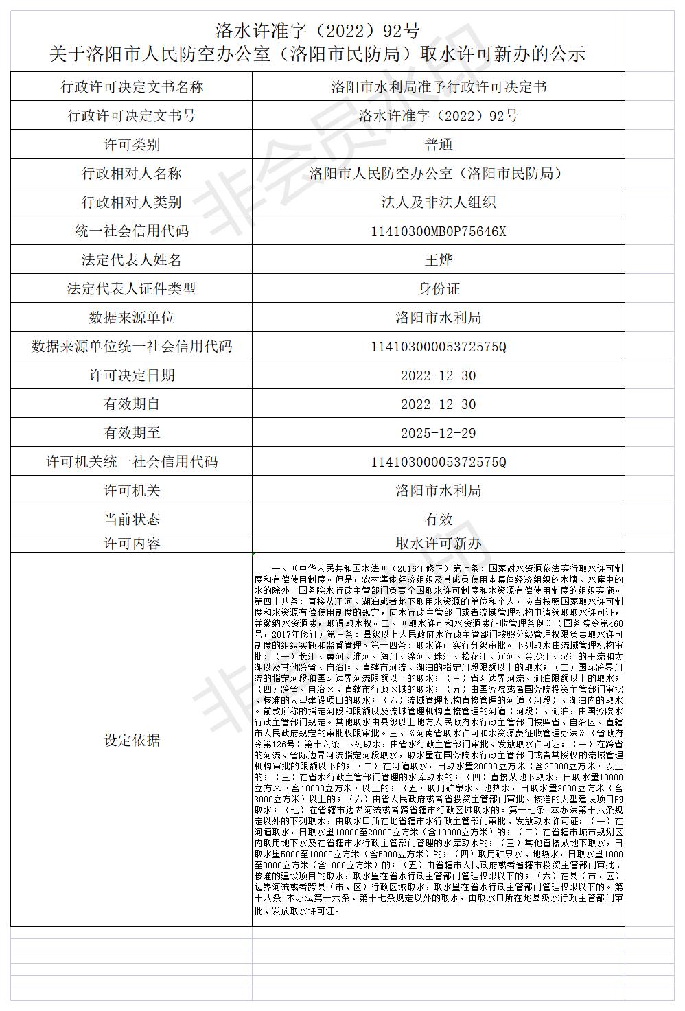 洛水许准字（2022）92号 关于洛阳市人民防空办公室（洛阳市民防局）取水许可新办的公示(图1)