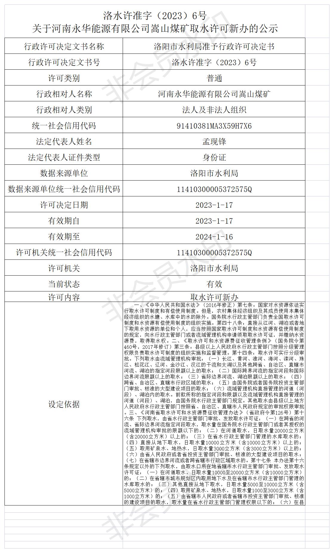 洛水许准字（2023）6号 关于河南永华能源有限公司嵩山煤矿取水许可新办的公示(图1)